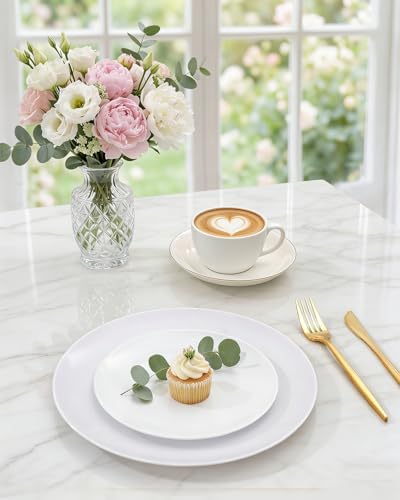 PULOTE 100PCS White Plastic Plates Disposable - Heavyweight 50 White Dinner & 50 Dessert/Salad Plates for Wedding, Party - Image 4