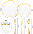 bUCLA 600PCS Clear Plates with Gold Trim - Clear Gold Dinnerware Set Disposable Include 100 Dinner/100 Dessert Plates, 100 Knives, 100 Forks, 100 Spoons, 100 Cups for Wedding, Party - Image 2
