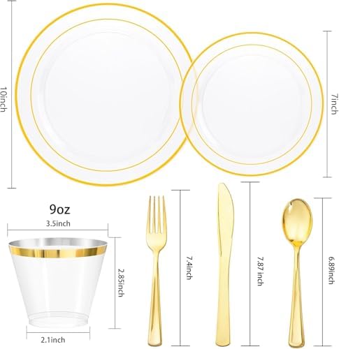 bUCLA 600PCS Clear Plates with Gold Trim - Clear Gold Dinnerware Set Disposable Include 100 Dinner/100 Dessert Plates, 100 Knives, 100 Forks, 100 Spoons, 100 Cups for Wedding, Party - Image 2