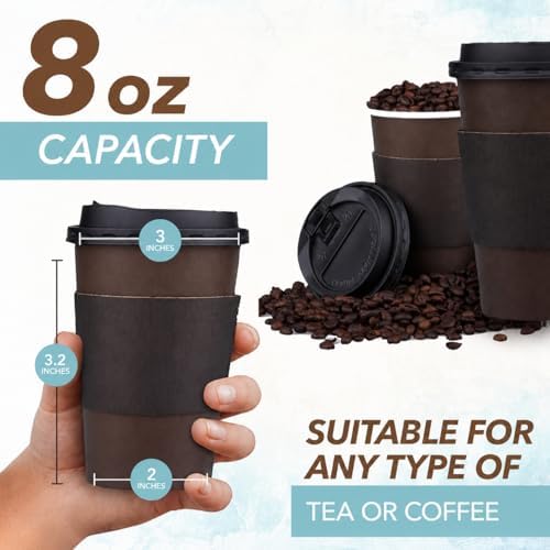 Promora 8 oz Brown Disposable Coffee Cups with Lids & Sleeves, Hot Coffee Cup Sleeves Disposable, Premium Insulated To Go Coffee Paper Cups with Lids & Sleeves (8 oz, Pack of 200) Brown and Black - Image 2