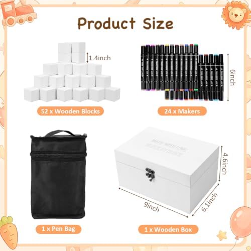 79 PCS Baby Shower Game Kit, Fun Baby Shower Blocks Decorating Game Includes 52 Wooden Blocks, 24 Markers, 1 Game Sign, 1 Storage Box and 1 Pattern Guide, Suitable for Boys and Girls, White - Image 3