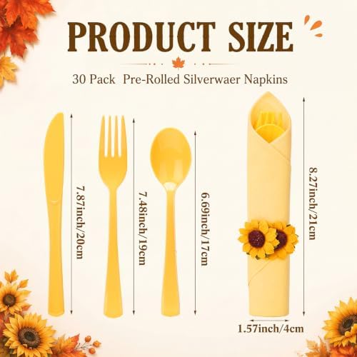30 Set Sunflower Pre Rolled Napkins with Plastic Silverware - Image 2