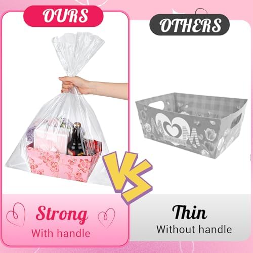 Kolldenn 12 Pack Empty Gift Basket to Fill 9.8 x 6.5'' Pink Purple Floral Bouquet Box with Handles Bows Plastic Bags and Card for Tea Party Wedding Arrangement - Image 3