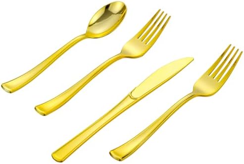 400PCS Gold Plastic Silverware, Gold Disposable Utensils, Heavy Duty Cutlery Set Includes 200 Forks,100 Knives,100 Spoons, Flatware for Party Wedding by ISFANGCO
