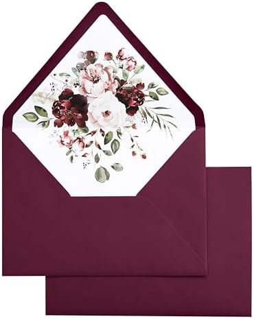 PONATIA 50 PCS/Pack A7 Envelopes, Burgundy Euro Flap Liner 5x7 Envelopes by ponatia