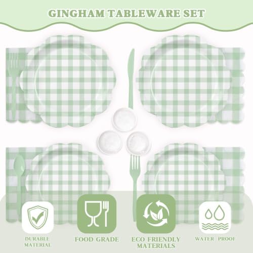 350 PCS Sage Green Gingham Disposable Dinnerware Set, Decagonal Paper Plates 7 & 9 Inch, Napkins, Cups & Cutlery, Checkered Party Supplies for Easter Baby Shower Wedding Picnic - Image 7