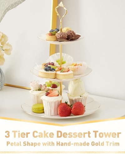 DUJUST Luxury Porcelain 3-Tier Cupcake Stand Tower, British Style Serving Tray with Golden Trim, Food Grade Dessert Display Stand, Beautiful Gift for Tea Party & Home Décor - Image 2