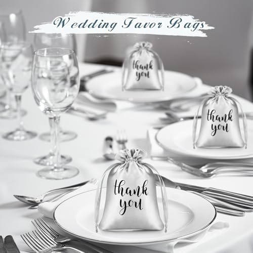 Roowest 4 x 6 Inch 100 Pcs Thank You Satin Gift Bags, Silver - Image 5