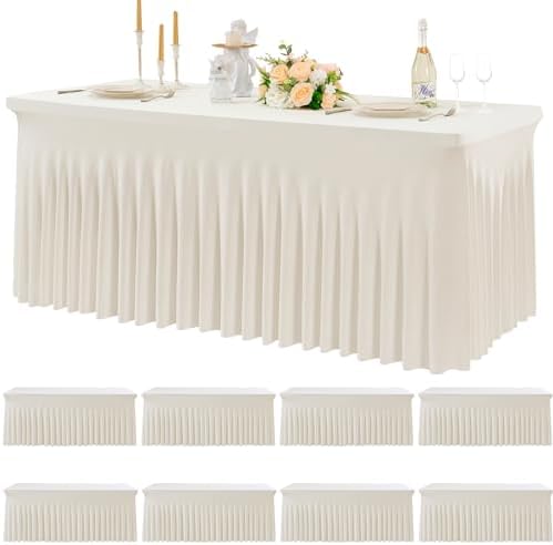 8pk Spandex Ivory Tablecloths for 6 Foot Rectangle Tables, Stretch Table Cloths 6ft Fitted Table Cover Desk Skirt for Parties Weddings Birthday Banquet Baby Shower by Htper