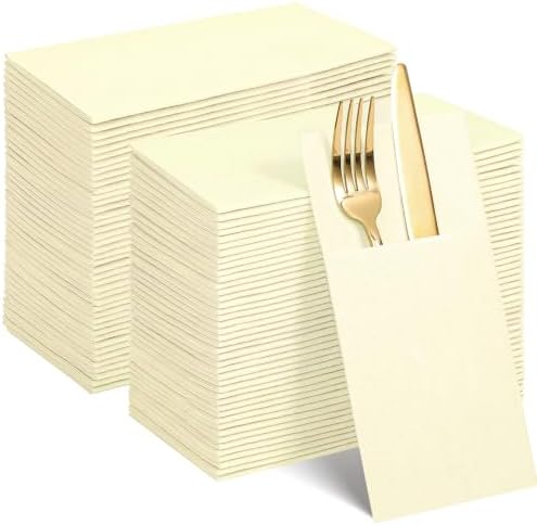 120 Pcs Ivory Linen-Feel Paper Napkins with Built-in Flatware Pocket by NatNarr