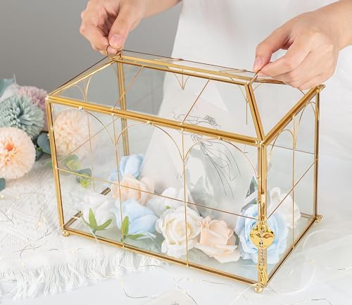 Glass Wedding Card Box with Slot - 10.2" Large Gold Gift Storage Box with Lock for Reception, Bridal Shower, Baby Shower, Birthday Party - Image 2