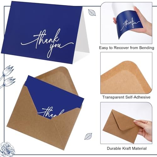 Gueevin 200 Pcs Thank You Cards with Envelopes Stickers, 3.5x5", Navy Blue - Image 3