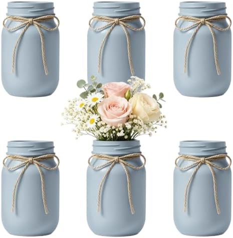 6 PCS 16oz Glass Mason Jars Flower Vases for Centerpieces, Blue by ZHURUININ