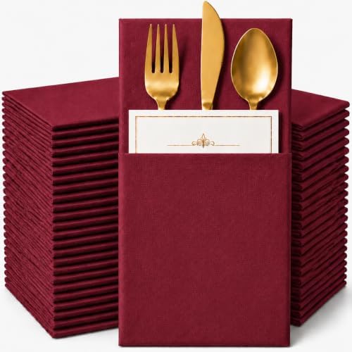 100Pcs Burgundy Napkins Disposable Linen Feel Dinner Paper Napkins with Built-in Flatware Pocket, 16in x 16in Airlaid Paper Pre-Folded Napkin for Silverware Baby Shower Easter Wedding Birthday Party by Unknown