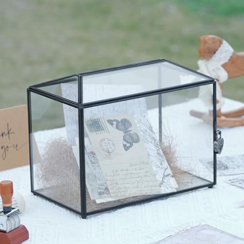 Wedding Glass Cards Box with Slot and Lock, 10.2 x 5.9 x 7.9 Inch, Black Geometric Cards Holder for Birthdays Party Reception, Wishing Well - Slot Length 6.3'' - Image 2