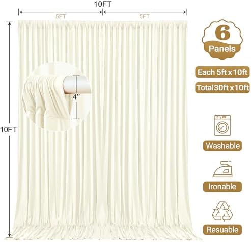 30x10FT Backdrop Curtains with Rod Pockets - Wrinkle Free Photo Stage Backdrop 6 Panels Curtains Drapes for Photography Wedding Party Baby Shower Decorations (Beige) - Image 5