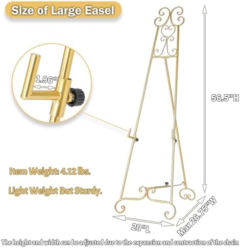 Metal Large Free Standing Adjustable Display Stand Scroll Easel with Chain Support, Gold Easel Stand for Sign, Heavy Duty Easel for Mirror, Wedding, Picture Frame (No Installation Required) - Image 5