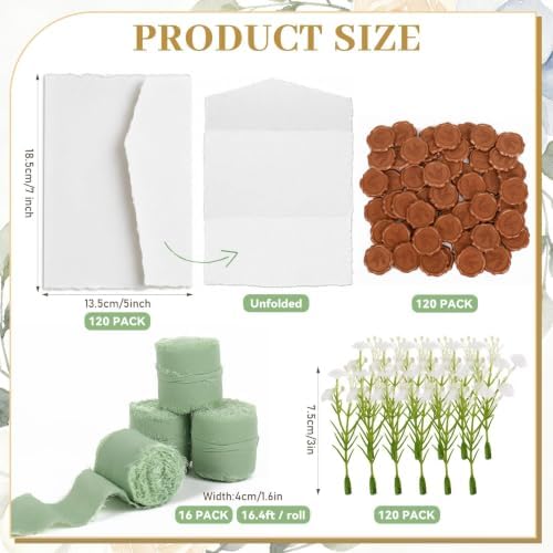 Whaline 120 Sets Wedding Invitation Kits Invite Card Envelopes with Artificial Baby's Breath Sage Green Ribbons Wax Seal Stickers for Bridal Shower Birthday DIY Crafts, 5 x 7 Inch - Image 2