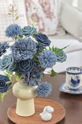 TINGE TIME 23pcs Artificial Flowers Combo, Roses Dahlia Dusty Blue - Image 6