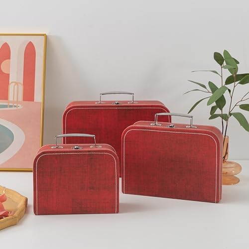 SLPR - Red Cardboard Suitcase Boxes with Handles, Set of 3, Vintage Decor - Image 3