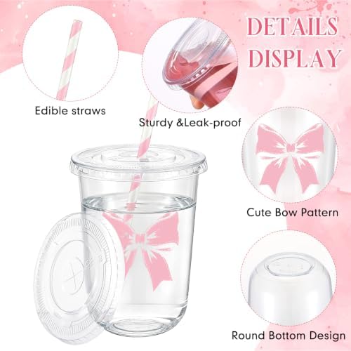 LemonRoad 100sets 16oz Pink Bow Cups Pink Birthday Party Decorations Supplies Cute Plastic Cups Disposable with Lids and Straws for Valentines Galentines Day Christmas Wedding Baby Shower Decorations - Image 4