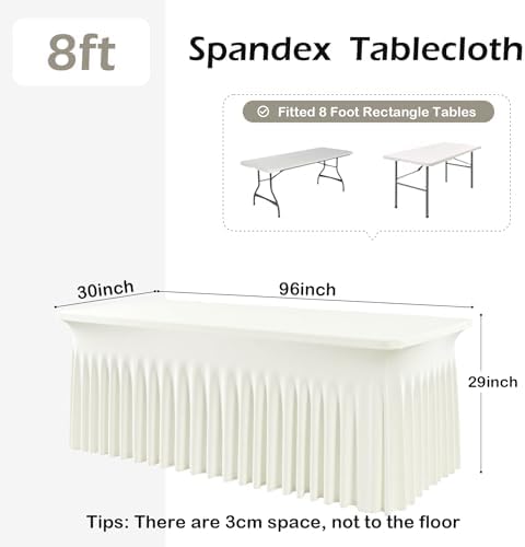 NSSONBEN 2 pk Ivory Spandex Tablecloth for 8 Foot Rectangle Tables,Wrinkle Free High Stretch Cream Fitted Tablecloths with Ruffle Skirt, Elastic Spandex Table Covers 8ft for Parties Weddings Banquet - Image 4