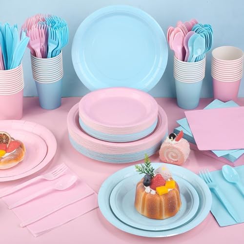 Kochorie 350 Pieces Gender Reveal Dinnerware Set, 7 & 9 inch Light Pink Light Blue Paper Plates Cups Napkins Plastic Cutlery Disposable Party Supplies for Birthday Baby Shower, Serve 50 Guests - Image 5