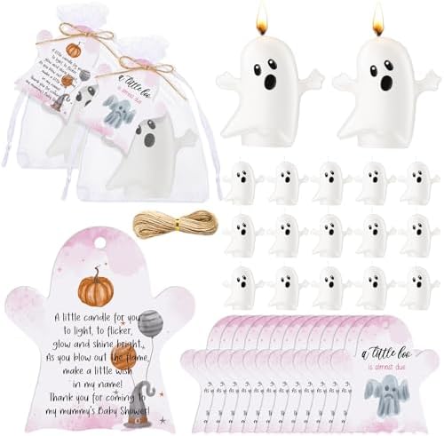 MTLEE 50 Sets Halloween a Little Boo is Almost Du Baby Shower Favors Cute Ghost Candles Unscented with Mini Ghost Thank You Cards Bags for Halloween Boo Gender Reveal Party Supplies (Pink) by MTLEE