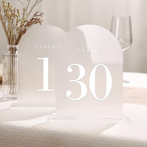 UNIQOOO Frosted Arch Wedding Table Numbers with Stands 1-30, 5x7" Acrylic Display Signs and Holders, Pack of 30, Perfect for Centerpiece, Reception, Decoration, Party, Anniversary, Event by UNIQOOO
