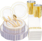 KIRE 210Pcs Clear Plastic Plates with Gold Rim for Wedding/Party by KIRE