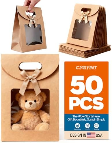 CYGYINT 50Pcs Brown Gift Bags with Clear Window 4.7''x2.4''x6.2'' Variety Stand Up Window Gift Bags with Handles for Candy, Cookies, Wedding Favors by Unknown