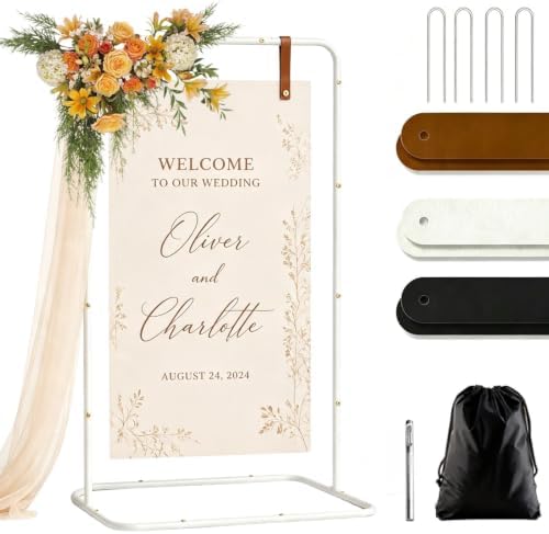 Wedding Welcome Sign Stand, White Sign Holder with Leather Straps by LIFENCE