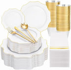 WDF 350PCS White and Gold Plastic Plates - Gold Plates Disposable 50Guest Plastic Dinnerware Ideal for Party/Wedding/Birthday by WDF