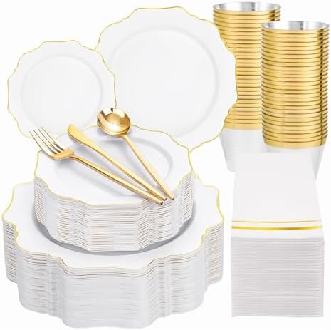 WDF 350PCS White and Gold Plastic Plates - Gold Plates Disposable 50Guest Plastic Dinnerware Ideal for Party/Wedding/Birthday by WDF