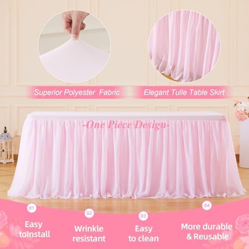 Wish Care Pink Tulle Tablecloth for 8 Foot Rectangle Tables Stretch Ruffle Table Cloths Tutu Desk Skirt 8ft Wrinkle Free Spandex Fitted Table Cover for Birthday Wedding Party Banquet Decorations - Image 4