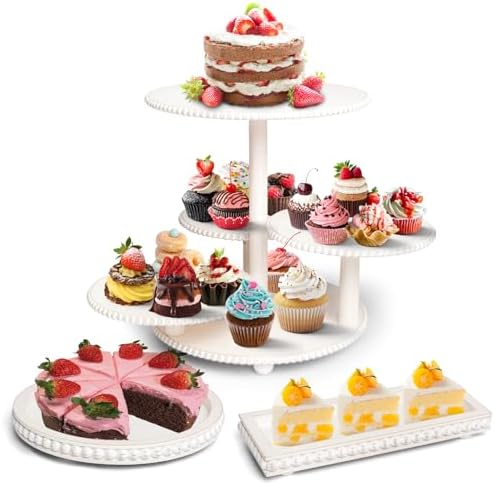 GENMOUS Wood Cake Stands Set of 3, 4 Tier Serving Tray Cupcake Stand, Beaded Rustic Dessert Tower, Round Rectangular Dessert Trays Platters for for Wedding Baby Shower Tea Party (White) by GenMousCo