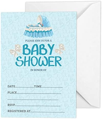 Pack of 30, Boy/Boy Baby Shower Party Collection, Baby Shower Invitation Cards, Fill in the Blank Invites WIth Envelopes, Blue Baby Cot Theme Party Supplies by Inkdotpot