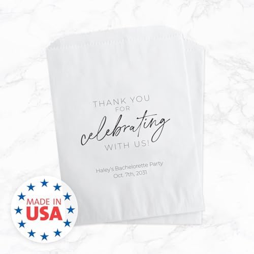 Personalized Script Celebrating With Us Favor Bags / 50 Custom All Occasion Thank You Party Treat Favor Bags / 5 3/4" x 8" Flat Gratitude Candy Cookie Holder / Engagement Wedding Anniversary Appreciation Dessert Bag / Made In The USA - Image 6