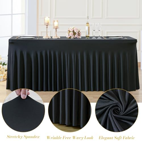 2 Pack Black Table Cloth for 6 Foot Rectangle Tables Spandex Fitted Tablecloth 6ft Stretch Table Covers Skirt Black Banquet Tablecloths Wrinkle Free Tablecloth for Party Wedding Birthday Event - Image 5