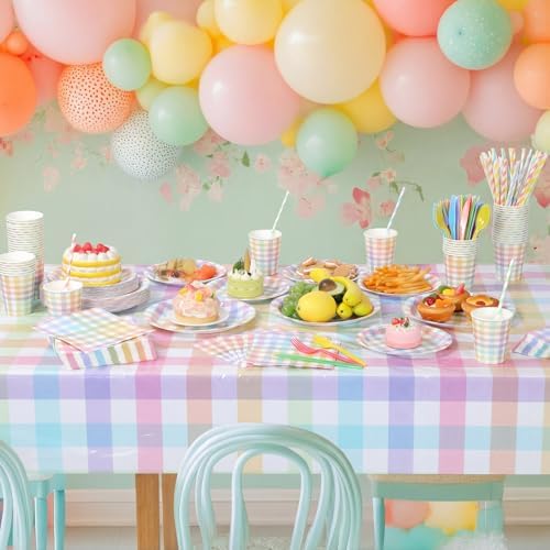 Funnymoom 452 Pcs Pastel Easter Party Decoration for 50, Spring Easter Paper Plates Napkins Cups Tablecloth Cutlery Straws Rainbow Pastel Gingham Plaid Tableware for Spring Birthday Party Supplies - Image 4