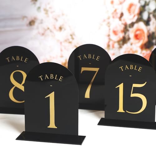 UNIQOOO Black Arch Wedding Table Numbers with Stands 1-15, Gold Foil Printed 5x7 Double Sided Acrylic Signs and Holders, Perfect for Centerpiece, Reception, Decoration, Party, Anniversary, Event - Image 2