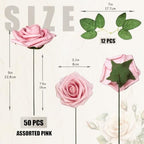 50pcs Pink White Foam Fake Roses with Stems Hot Pink Fuschia Blush Artificial Flowers Real Looking for Wedding Bouquets Bridal Shower Centerpieces Floral Arrangements Party Tables Home Decor Bulk - Image 3