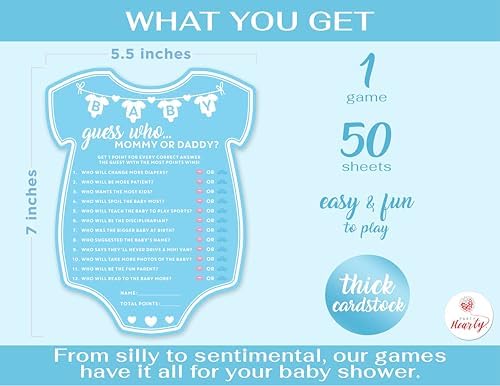 Party Hearty Baby Shower Games, Guess Who Mommy or Daddy - Blue Onesie (Pack of 2) - Image 2