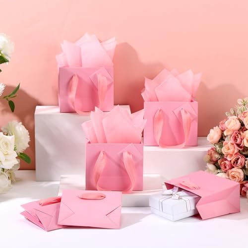 Qilery 50 Pcs Wedding Paper Gift Bags Bulk with Tissue Paper Small Gift Bags with Handle and Tags for Birthday Wedding 4th of July Party Business(Pink,4.7 x 2.4 x 3.9'') - Image 4