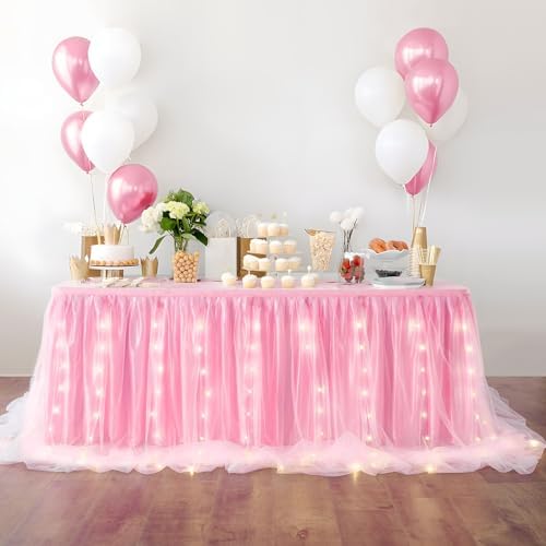 Pink Tulle Table Skirt for Baby Shower,9FT Pink Ruffle Tutu Table Skirt with LED Light for Princess Girls Birthday Party Cake Dessert Table Decorations - Image 6