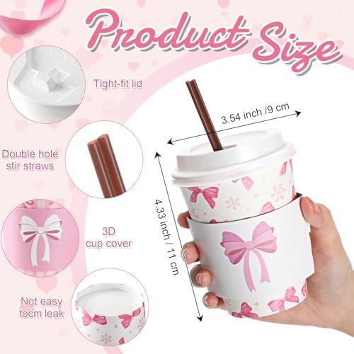 Jingmore 100 Set Pink Bow Coffee Cups with Lids, Straws and Sleeves Pink Bowknot Disposable Drinking Cup for Wedding Coquette Birthday Baby Shower Bachelorette Party Supplies (12 oz) - Image 2