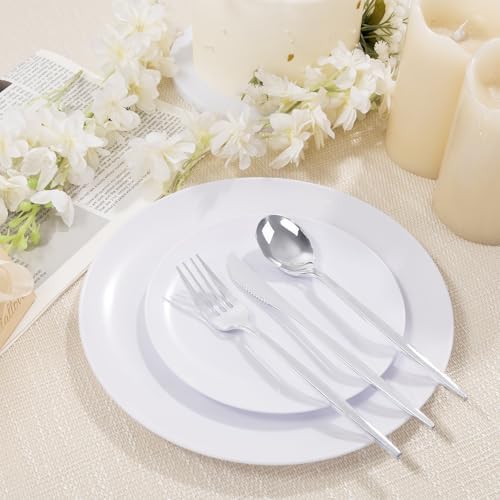 bUCLA 200PCS White Plastic Plates - Heavy Duty White Disposable Include 100 Dinner 10inch & 100 Dessert 7inch Plates, Ideal for Wedding&Party - Image 5
