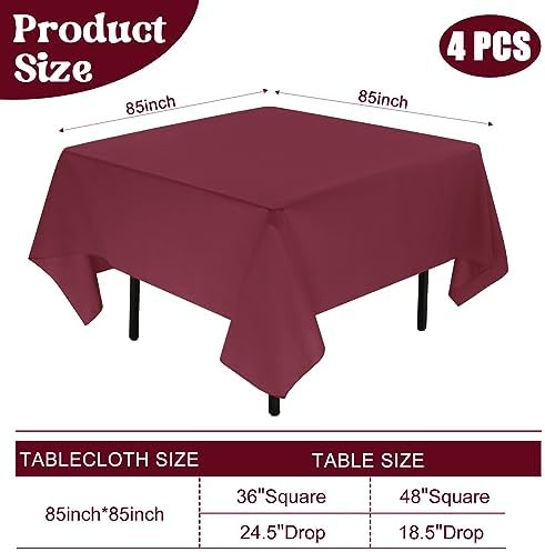 4 Pack Square Table Cloth 85x85 Inch Burgundy Tablecloth Machine Washable Fabric Polyester Table Cover for Dining, Buffet Parties, Picnic, Events, Weddings and Restaurants（Burgundy） - Image 2