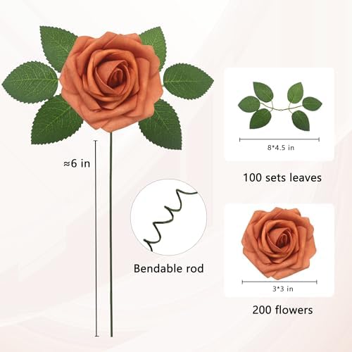 Artificial Flowers Realistic Roses, Real Looking Fake Roses with Stem for DIY Wedding Bouquets Centerpieces Bridal Shower Party Home Romantic Decorations (Burnt Orange, Regular 3" - 200pcs) - Image 2