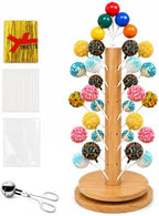 2Pack Wooden Cake Pop Stand Kit with 360° Spinning Base, 49Hole Lollipop Holder with Cake Ball Scoop, 100 Paper Sticks, 100 Clear Treat Bags and 100 Twist Ties, Easy Twist Assembly for Parties by Unknown